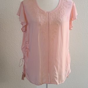 Pink Flutter Sleeve Top with Tonal Embroidery NWOT